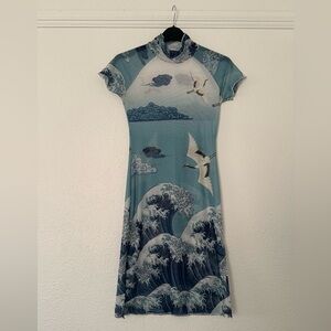 Dolls Kill Blue & White Wave Print Mini Dress